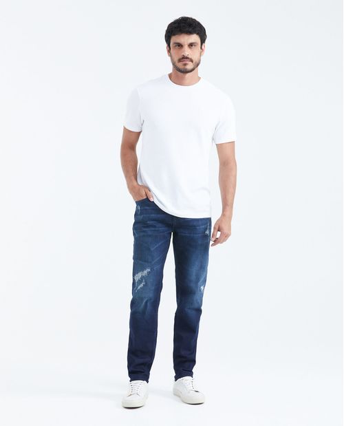 Jean Straight Fit Tiro Medio Bota Slim Azul Oscuro con Rotos para Hombre