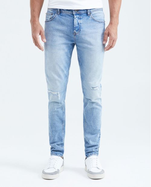 Jean Súper Slim Fit Tiro Bajo Bota Super Slim Azul Claro Lavado Vintage con Rotos para Hombre