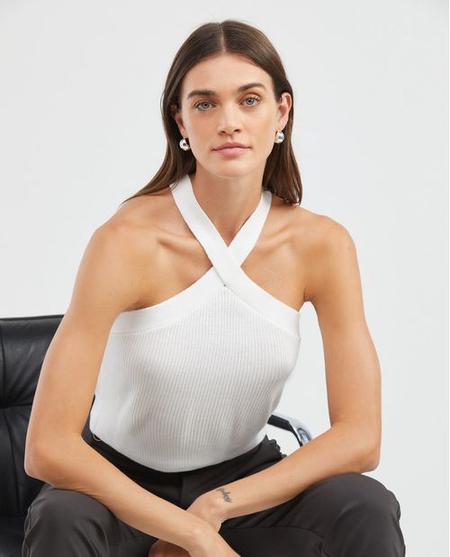 Top Tejido de Mujer, Silueta Recta Cuello Tipo Halter Tirantes Cruzados - Galga Liviana