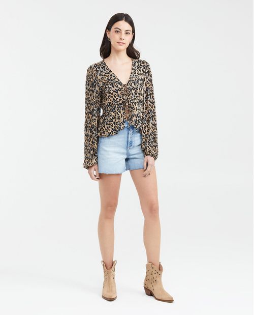 Camisa Estampada con Escote Profundo y Mangas con Volumen para Mujer