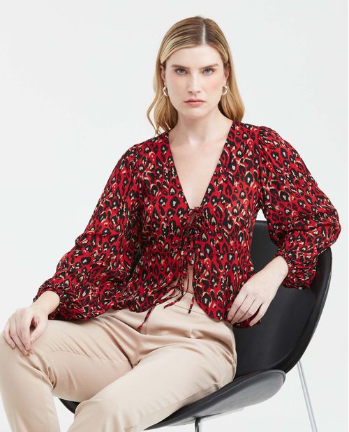 Camisa Estampada con Escote Profundo y Mangas con Volumen para Mujer