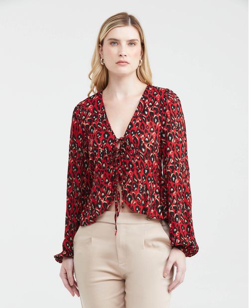 Camisa Estampada con Escote Profundo y Mangas con Volumen para Mujer