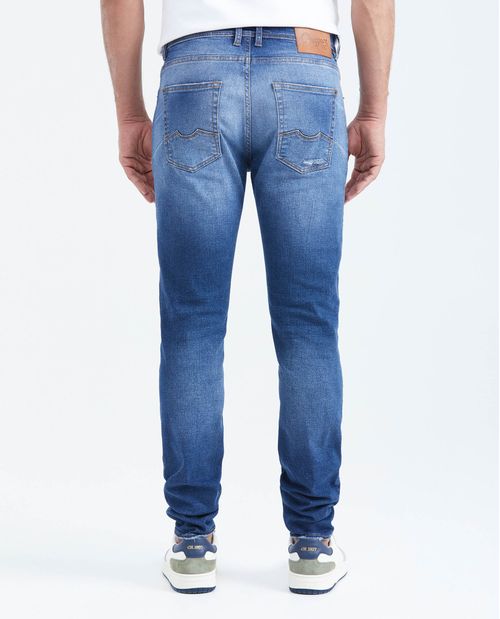 Jean Súper Slim Fit Tiro Bajo Bota Super Slim Azul Medio con Rotos para Hombre