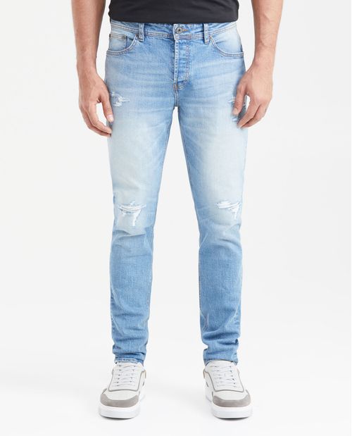 Jean Súper Slim Fit Tiro Bajo Bota Super Slim Azul Medio Claro con Rotos para Hombre
