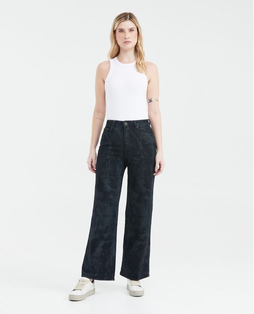 Jean Wide Leg High Rise Bota Relaxed Azul Oscuro Textura en Láser para Mujer
