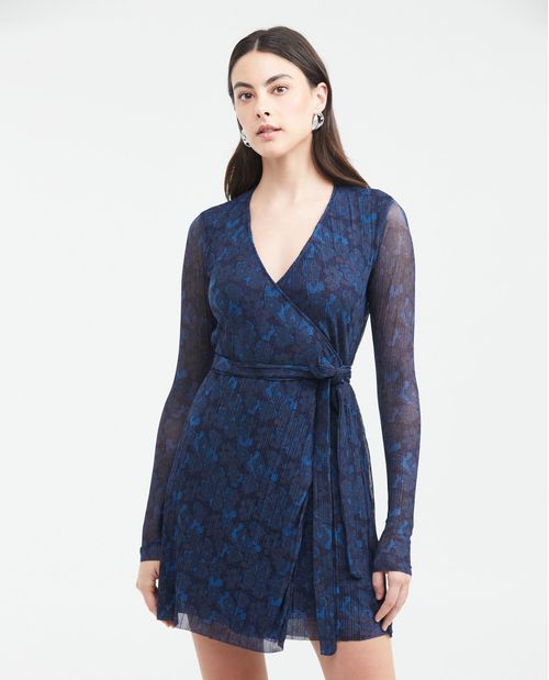 Vestido Corto Envolvente en Malla Plisada Estampada para Mujer
