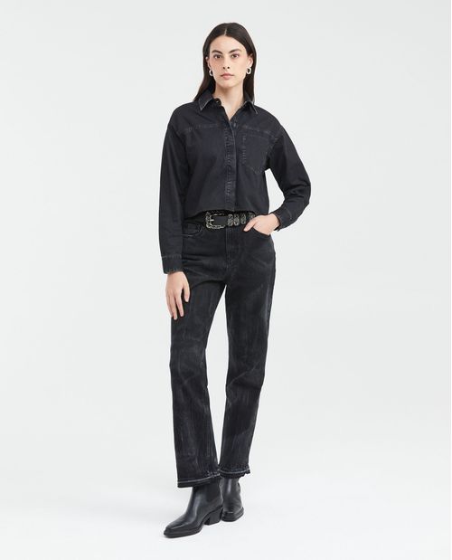 Camisa en Denim Rígido Boxy Fit Manga Larga Gris Oscuro para Mujer