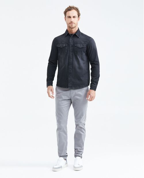 Camisa en Denim Rígido Slim Fit Manga Larga Gris Oscuro para Hombre