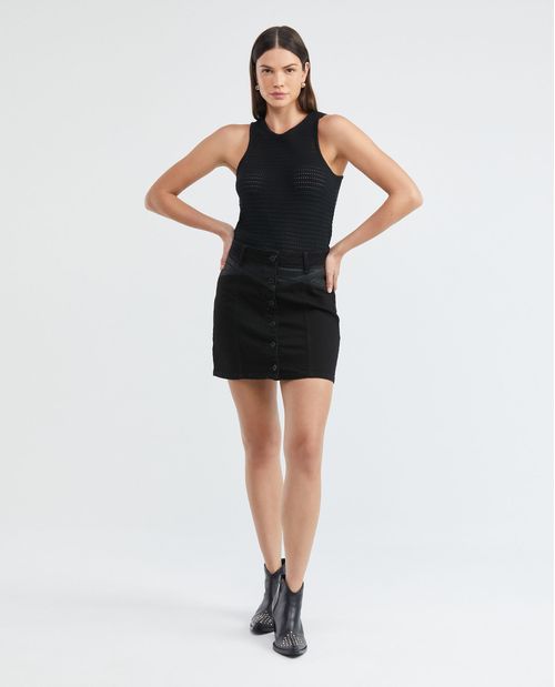 Camiseta Tejida de Mujer, Silueta Ajustada y Corta Cuello Redondo Manga Sisa - Galga Liviana