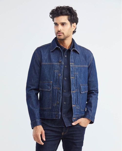 Chaqueta de Hombre en Denim, Tipo Trucker Straight Fit - Azul Ultra Oscuro Bolsillos Sobredimensionados
