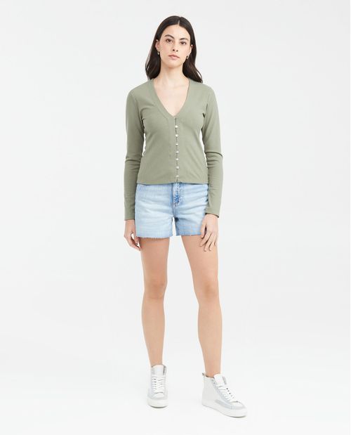 Camiseta Ajustada con Manga Larga y Escote en V para Mujer