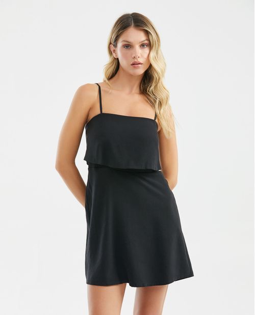 Vestido Corto Silueta Línea A, Escote Cuadrado Tirantes Delgados - Falda con Vuelo