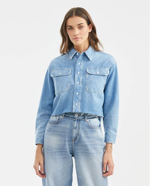 Camisa de Mujer en Denim, Oversized Fit Manga Larga - Azul Claro