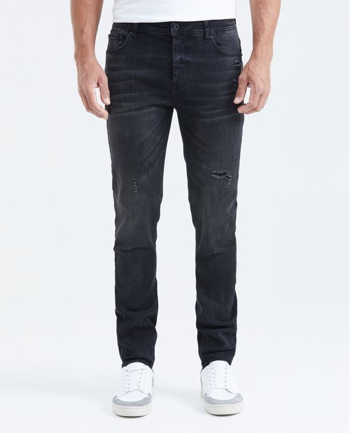 Jean Súper Slim Fit Tiro Bajo Bota Super Slim Negro con Rotos para Hombre