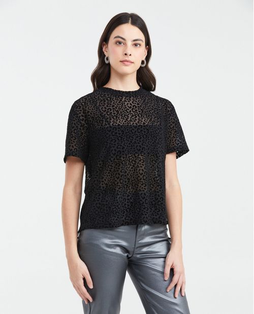 Camiseta Oversize en Malla Semi Transparente con Animal Print para Mujer