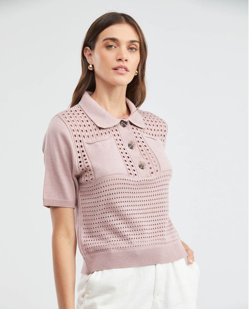 Camiseta Tejida de Mujer, Silueta Recta Cuello Tipo Polo Manga Corta - Galga Liviana
