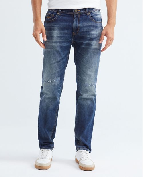 Jean de Hombre Straight Fit, Morrison, Bota Slim -  Azul Oscuro Vintage + Rotos