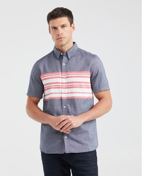 Camisa Slim Fit Manga Corta con Bloques de Color en Algodón para Hombre