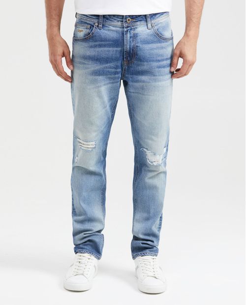 Jean Straight Fit Tiro Medio Bota Slim Azul Claro Lavado Vintage para Hombre