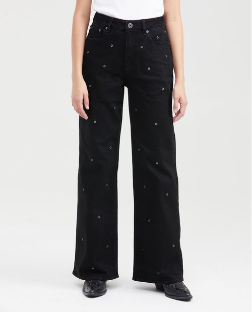 Jean Wide Leg Super High Rise Bota Relaxed Negro con Ojaletes Decorativos para Mujer