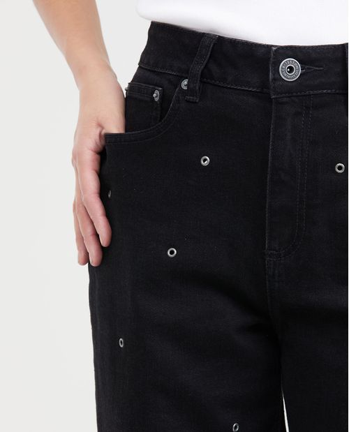 Jean Wide Leg Super High Rise Bota Relaxed Negro con Ojaletes Decorativos para Mujer