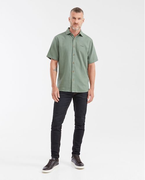 Camisa Classic Fit Manga Corta en Mezcla de Lino y Algodón para Hombre