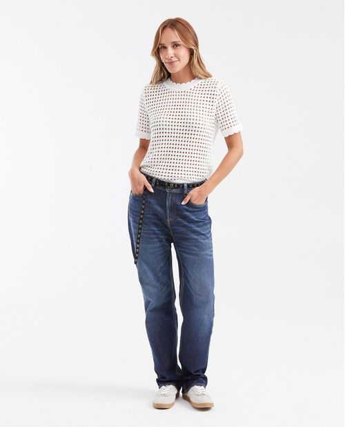 Jean Boyfit Tiro Medio Boot Cut Azul Oscuro para Mujer