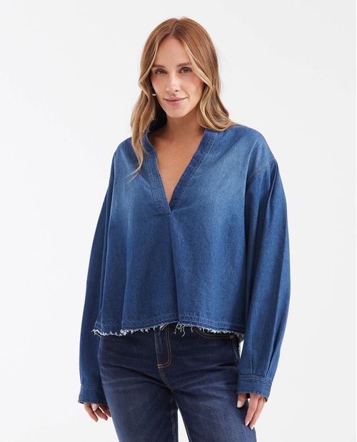 Camisa en Denim Rígido Oversize Fit Manga Larga Azul Oscuro para Mujer