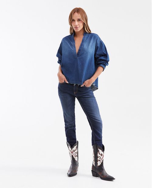 Camisa en Denim Rígido Oversize Fit Manga Larga Azul Oscuro para Mujer