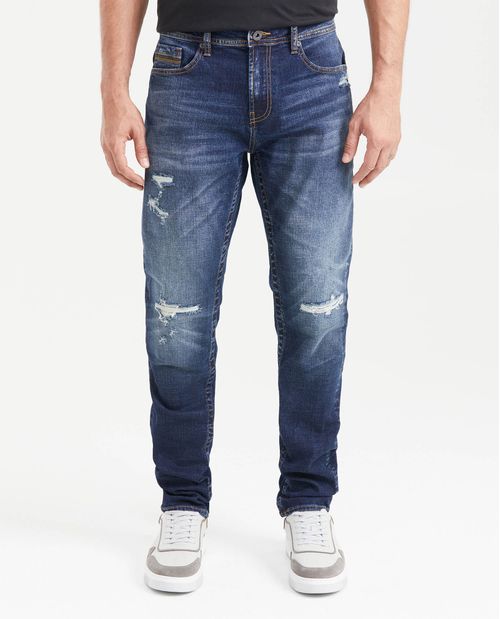 Jean Slim Fit Tiro Medio Bota Slim Azul Oscuro con Rotos para Hombre