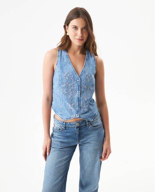 Camisa Tipo Chaleco con Escote V en Denim para Mujer