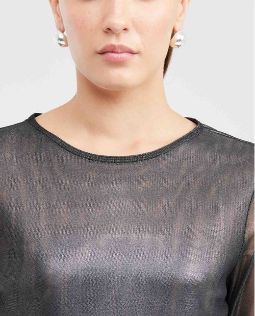 Camiseta Ajustada en Malla Semitransparente para Mujer