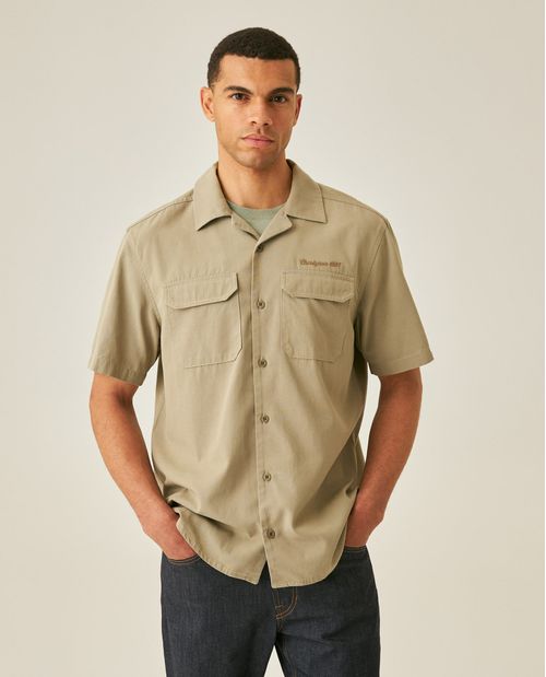 Camisa de Hombre Manga Corta Classic Fit Bolsillos de Parche Mini Solapa en Mezcla de Lyocell y Algodón