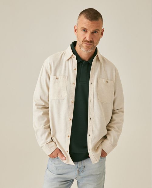 Camisa de Hombre Manga Larga Regular Fit Bolsillos de Parche Lino de Denim en Mezcla de Algodón y Viscosa