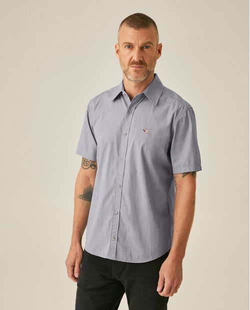 Camisa de Hombre Manga Corta Slim Fit Fill&Fill Detalles en Rojo en Mezcla de Algodón y Lino