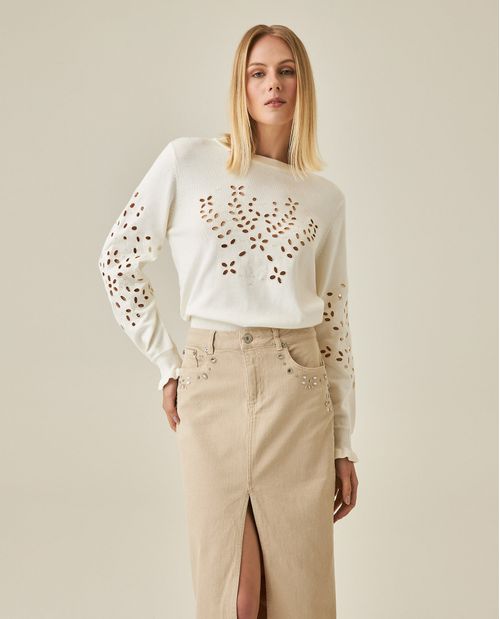 Suéter de Mujer Tejido Ojales Florales Bordados y Ruches en Mezcla de Acrílico