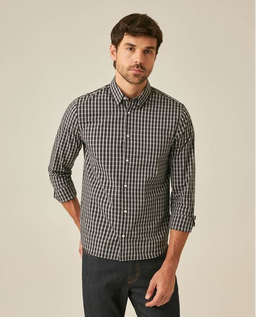 Camisa de Hombre Manga Larga Slim Fit Miniprint Cuadros Preteñidos en Mezcla de Algodón y Coolmax