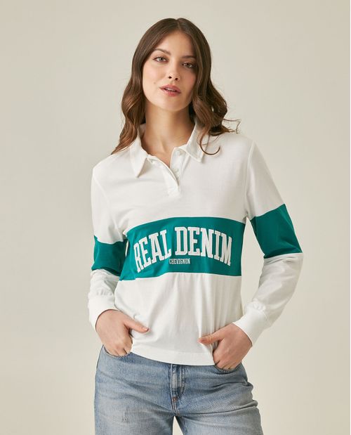 Camiseta de Mujer Moda Silueta Recta Cuello Media Perilla Bloque de Color con Bordado en Algodón