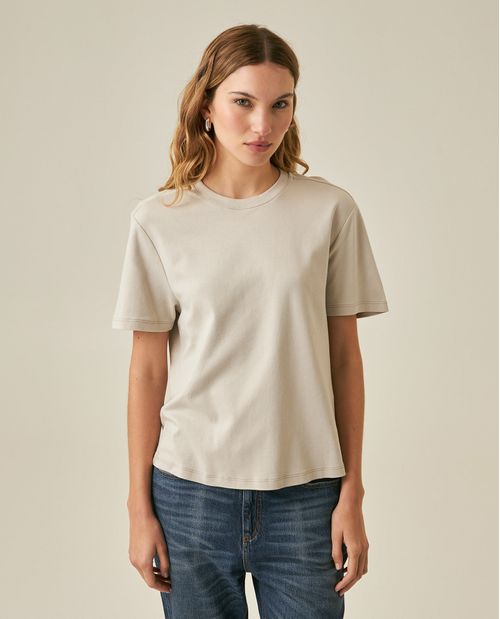 Camiseta de Mujer Esencial Oversized Cuello Redondo con Bordado Tacto Frío en Algodón