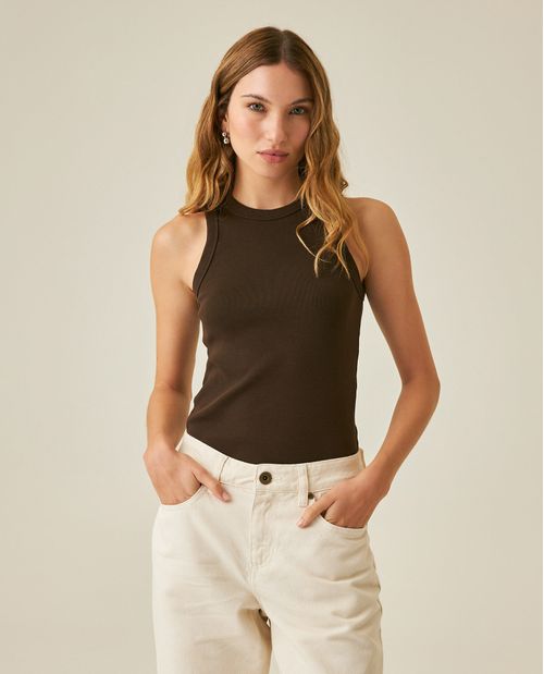 Camiseta de Mujer Esencial Tipo Tank Ajustada Textura Acanalada Bordado Tono a Tono en Mezcla de Algodón