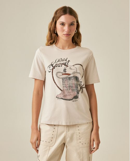 Camiseta de Mujer Rodeo Gráfica Slim Fit Botas Texanas con Piedras en Algodón