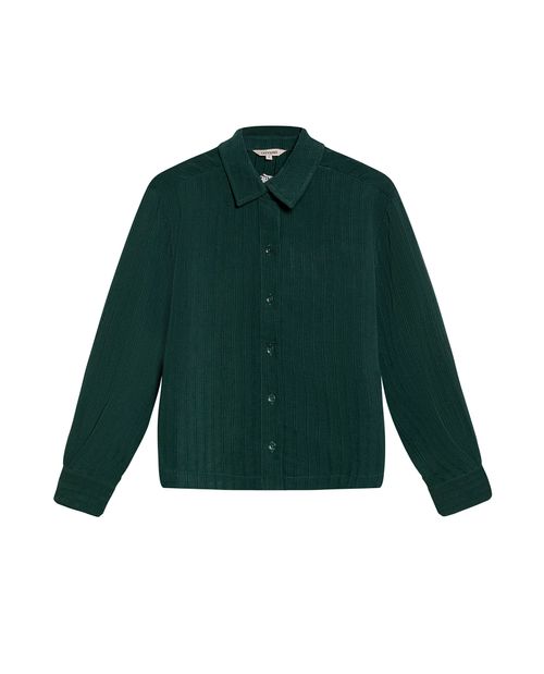 Camisa de Mujer Moda Silueta Recta Rayas Jacquard con Bordado Espalda en Mezcla de Viscosa