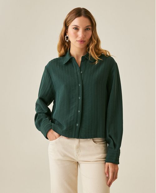 Camisa de Mujer Moda Silueta Recta Rayas Jacquard con Bordado Espalda en Mezcla de Viscosa