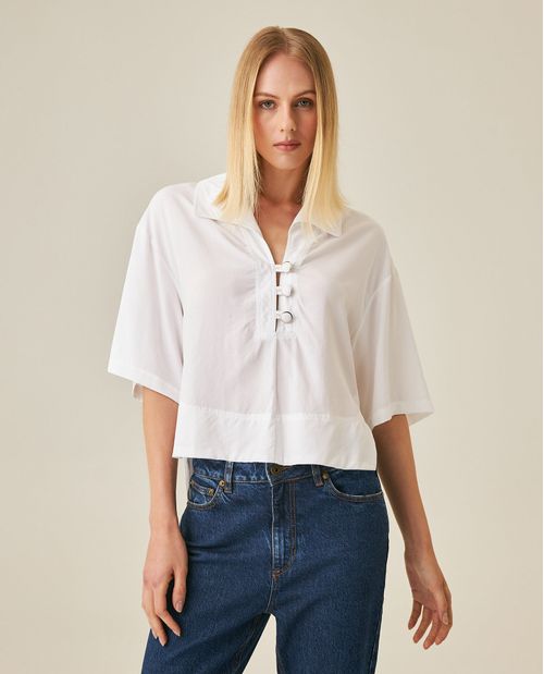 Camisa de Mujer Moda Silueta Amplia Oversized Manga Corta Ruedo Ancho en Lyocell