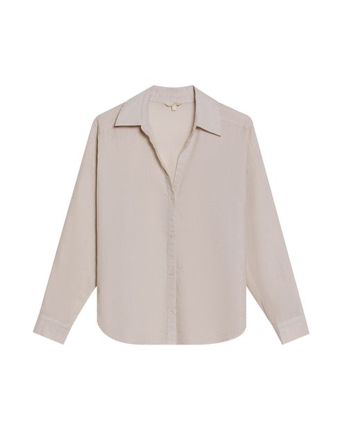 Camisa de Mujer Lino Silueta Recta Escote en V Hombro Rodado en Mezcla de Lino y Algodón