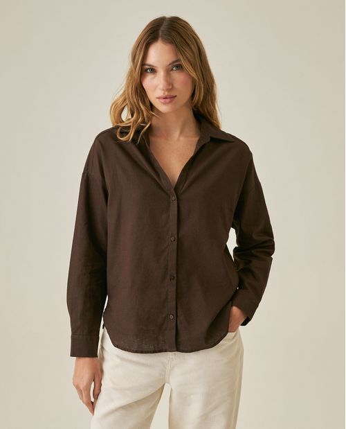 Camisa de Mujer Lino Silueta Recta Escote en V Hombro Rodado en Mezcla de Lino y Algodón