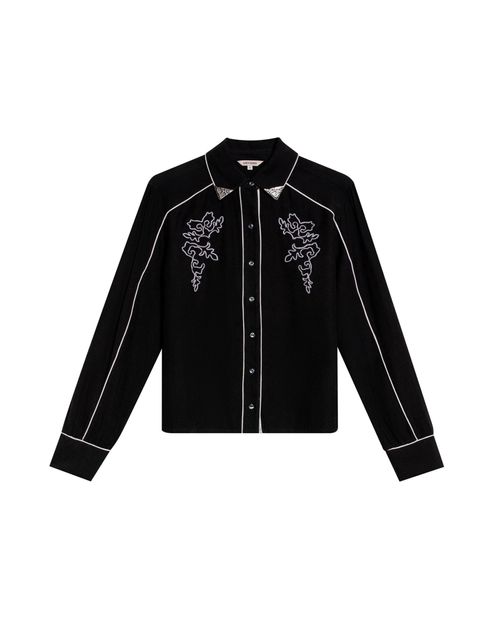 Camisa de Mujer Rodeo Silueta Recta con Punteras Metálicas y Bordado Flores en Mezcla de Rayón