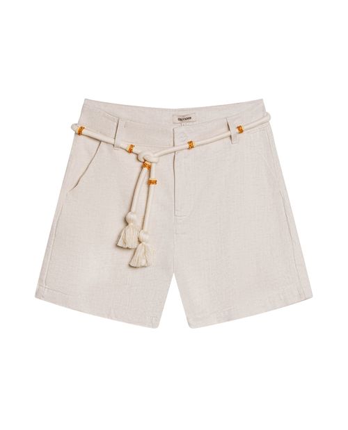 Short de Mujer Silueta Recta Tiro Alto con Cinturón Mostacillas y Borlas en Mezcla de Algodón, Viscosa y Lino